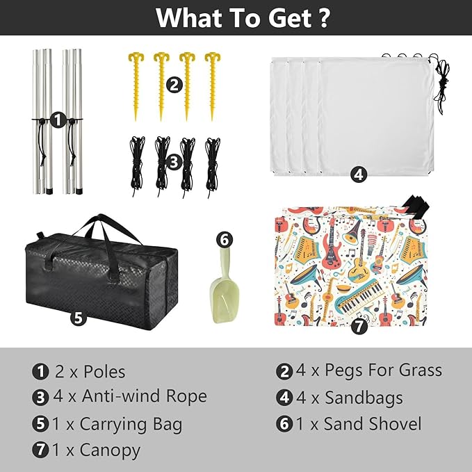 ALAZA Music Note Musical Instrument Beach Tent Sun Shelter UPF50+ Protection Beach Shade Canopy w/ 4 Sandbags for Outdoor Camping Fishing Backyard Fun Picnic 10x9 ft