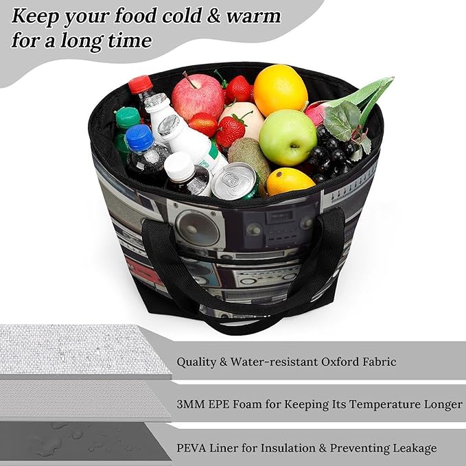 Insulated Shopping BagLarge Reusable Cooler Bags Vintage Wall of Radio Boombox Printed Foldable Shopping BagTravel Waterproof Shoulder Bag