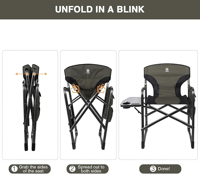 EVER ADVANCED Aluminum Lightweight Folding Director Chair 350lbs Heavy Duty Camping Chair with Side Table &amp Storage 19 Joint-Friendly Height Easy to Stand Portable Makeup Artist &amp Vendor C