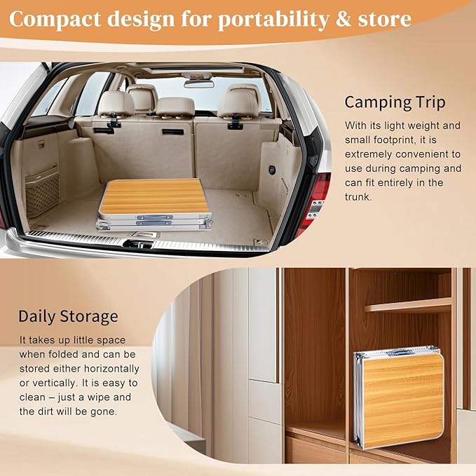Folding Camping Table4FT Aluminum Folding Picnic Table with 3 Adjustable HeightHeavy Duty 3 Fold Utility TableIndoor Outdoor Portable Lightweight Beach Accessories with Carrying Handle (Wood Grain)