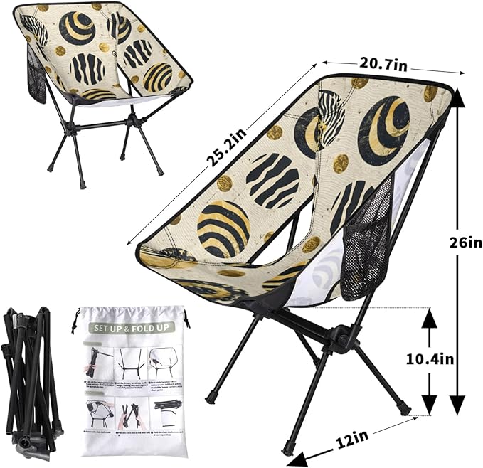 Honeybaby Folding Camping Chair Zebra Print Circle Camping Chairs Lightweight Portable Chair Outdoor Foldable Chairs for Camping Travel Picnic Beach Hiking