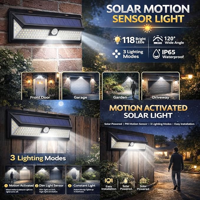 Solar Wall Light 118 LED Motion Sensor Outdoor Security Light 3 Lighting Modes Energy Saving Garden Light - Easy Install Solar Powered Light for Porch Yard Fence