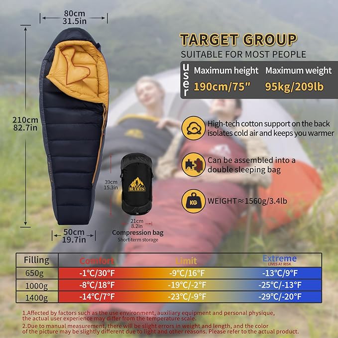 Down Sleeping Bag for Adults Cold Weather Ultralight &amp Compact 680FP Backpacking Sleeping Bag for Camping Hiking Mountaineering
