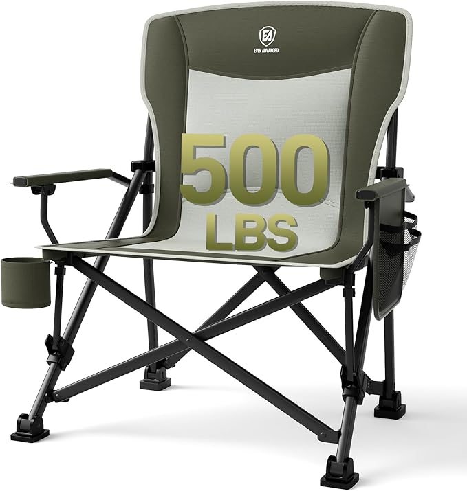 EVER ADVANCED Oversized Folding Camping Chair for Adults Heavy Duty Lawn Chair with Side Pockets Portable Collapsible Quad Chair for Outside Support Up to 500lbs Green