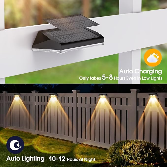 Solar Fence Lights Outdoor 3 Modes Warm/Neutral/Cool White Fence Lights Solar Powered for Outside IP65 Waterproof 60 Lumens Solar Light for Step Pathway Garden Deck Stairs - 12 Pack