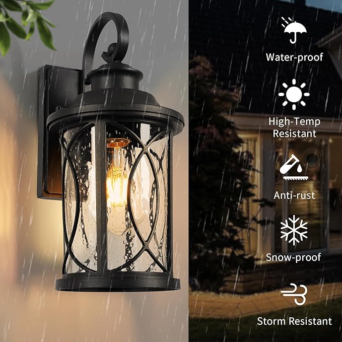 Treekee Outdoor Light Fixture Wall Mount Modern Exterior Wall Sconce with Seeded Glass &amp E26 Sockets for Front Porch Farmhouse Rustic Black Wall Lantern Lamp for Patio Garage Home Yard