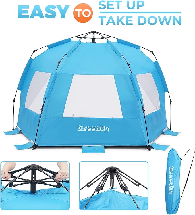 Pop Up Beach Tent Portable Beach Folding Sun Shade Shelter UPF 50+ Protection Easy Setup and Carry Double Silver Coating with 3 Ventilation Window Large Size Perfect for Family 4 People