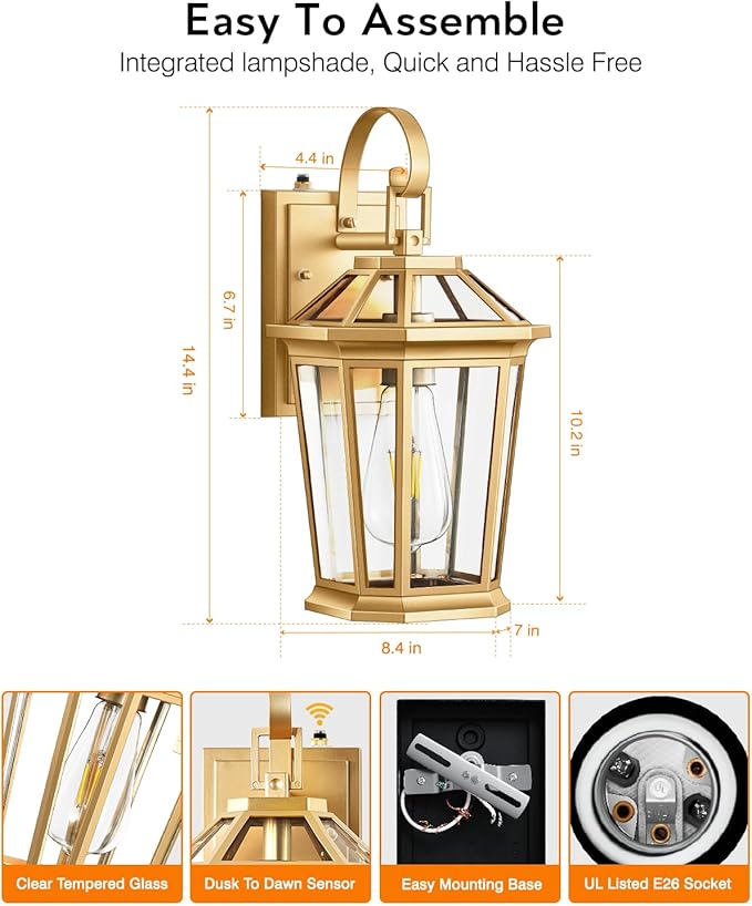 VIANIS Outdoor Porch Lights Wall Mount Dusk to Dawn Exterior Light Fixture for House 100% Anti-Rust Aluminum Waterproof Porch Light Outside Wall Lights Gold Wall Sconce Lanterns for Garage