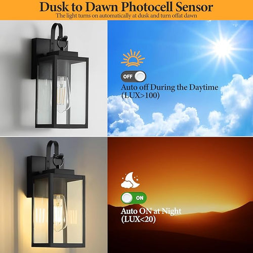 2 Pack 11.8-inch Dusk to Dawn Outdoor Wall Lights Black Exterior Light Fixture with Clear Tempered Glass IP65 Waterproof All-Metal Sconce for Porch Front Door Garage