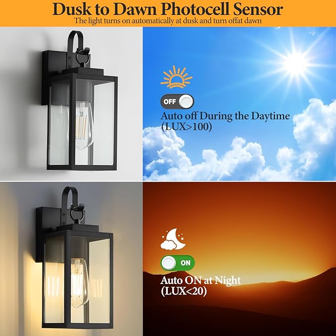 11.8-inch Dusk to Dawn Outdoor Wall Lights Black Exterior Light Fixture with Clear Tempered Glass IP65 Waterproof All-Metal Sconce for Porch Front Door Garage