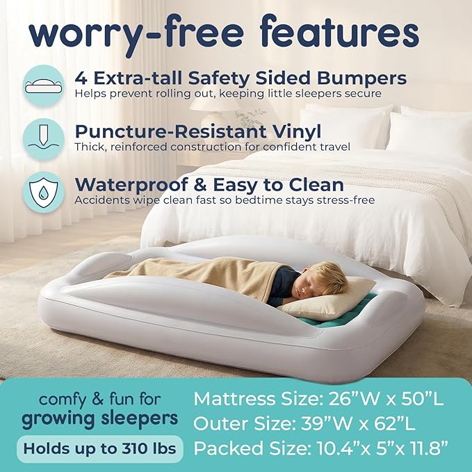 Hiccapop Inflatable Toddler Travel Bed with Safety Bumpers [4-Sided] | Portable Toddler Bed for Kids | Toddler Air Mattress | Kids Air Mattress - Teal Blue