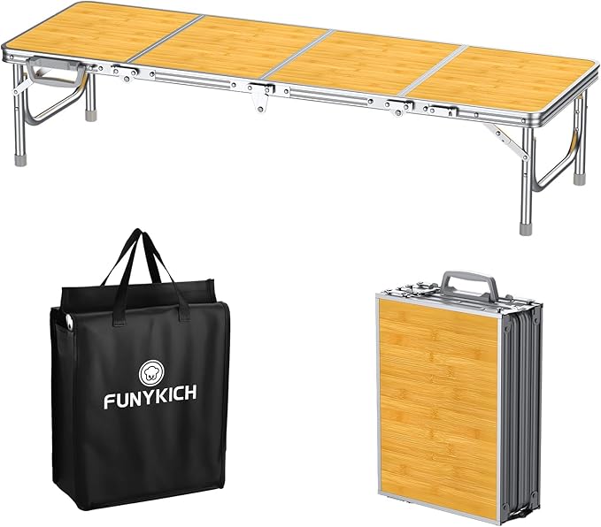 FUNYKICH 4ft Low Folding Picnic Table(45.7''x15.7''x10.3'') Thicker Aluminum Legs Beach Table with Handle &amp Carry Bag Lightweight Small Camping Table for Picnic Beach Camping Party Yellow
