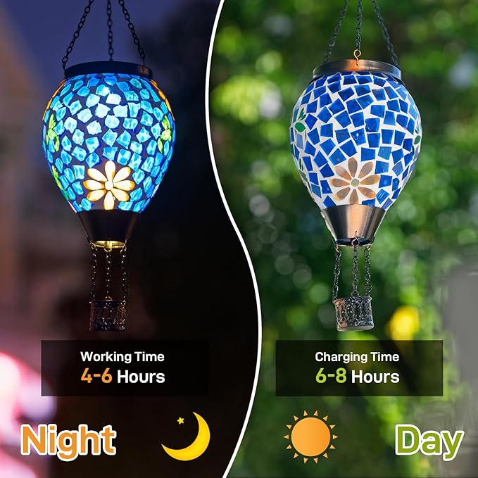 Hummingbird Solar Hot Air Balloon Lantern with Flame Blue Hanging Mosaic Solar Lantern Outdoor Waterproof Outdoor Solar Lights for Yard Gardening Gift for Mom Grandma Women