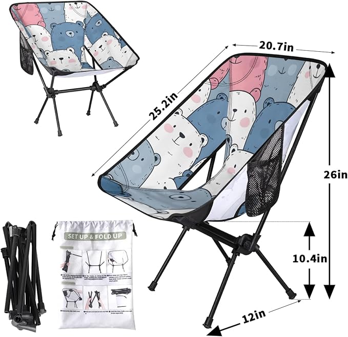 Honeybaby Folding Camping Chair Cartoon Bears Theme Camping Chairs Lightweight Portable Chair Outdoor Foldable Chairs for Camping Travel Picnic Beach Hiking