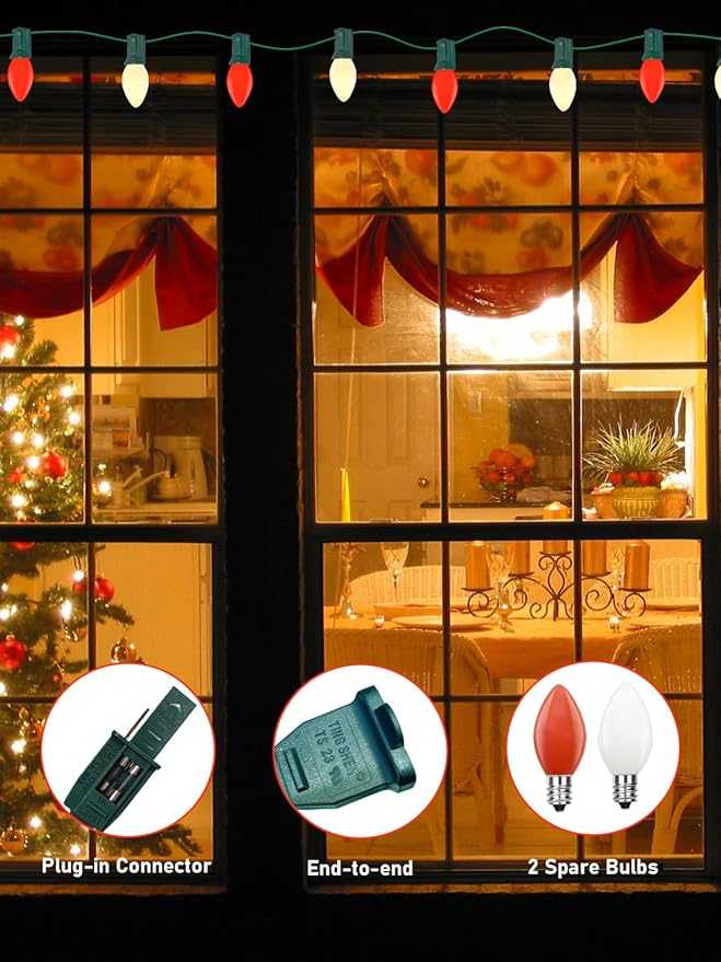 SUNSGNE C7 LED Vintage Christmas Lights 25ft Outdoor Christmas String Lights with 27 Red and White LED Bulbs(2 Spare) for Patio Balcony Garden Roofline Decorations E12 Base Socket