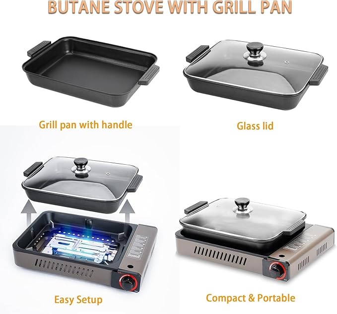 ONLYFIRE OUTDOOR LIVING Portable Propane Gas Stove with Grill Pan and Lid Butane Camping Stove Instant Ignition for Patio Backyard Home Cooking Camping RV Tailgating Emergency Use GS349