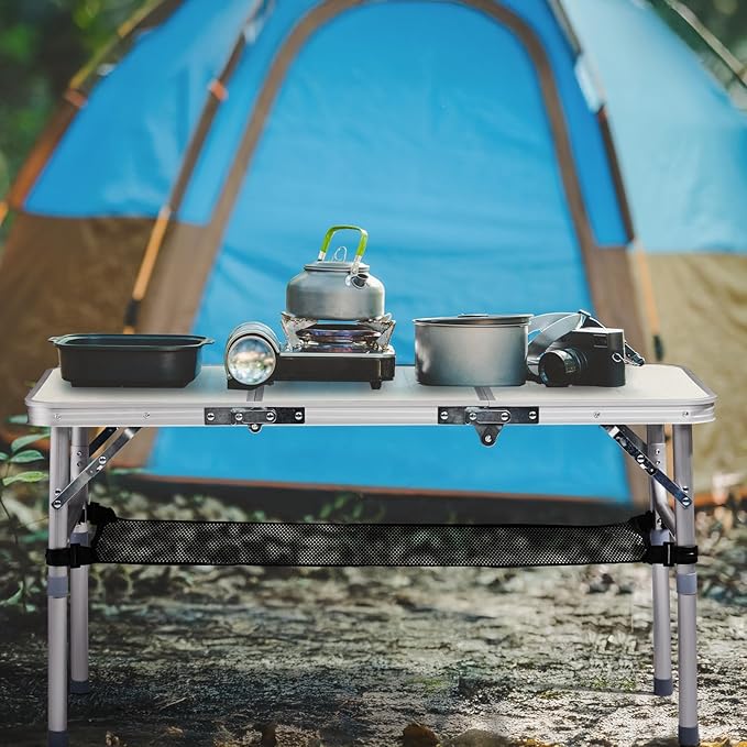 VINGLI Small Folding Table Portable 3FT Aluminum Foldable Camping Table for Picnic Card Table with 3 Adjustable Height &amp Carry Handle for Outdoor Indoor Hiking Camp BBQ Beach-White