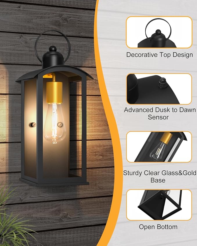 Dusk to Dawn Outdoor Wall Light Fixtures 15inch Waterproof Patio Lanterns Exterior Wall Mount Lantern Sconce with Glass Black Wall Sconces for House Garage Front Door