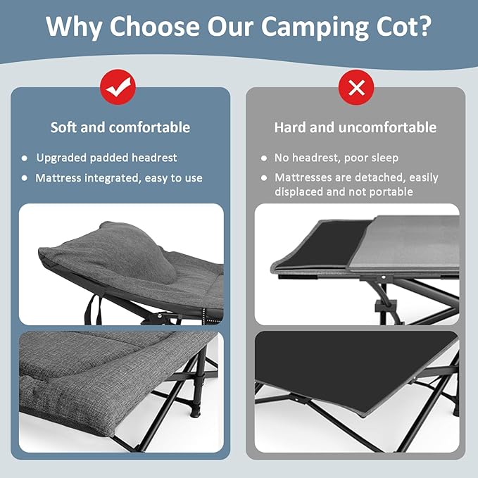 Camping Cot Folding Cot Bed for Adults with Built-in Mattress and Pillow Portable Outdoor Sleeping Cot for Camping and Travel with Carry Bag Grey Max Load 450 LBS