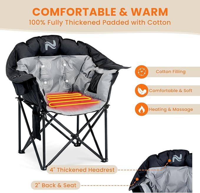 NAIZEA Heated Massage Camping ChairsHeated Outdoor Chair w/3 Heating Mode XL Oversized Heated Chair for Adults Heavy Duty Folding Camping Chairs for CampFishing Sports EventsNOT Included Battery