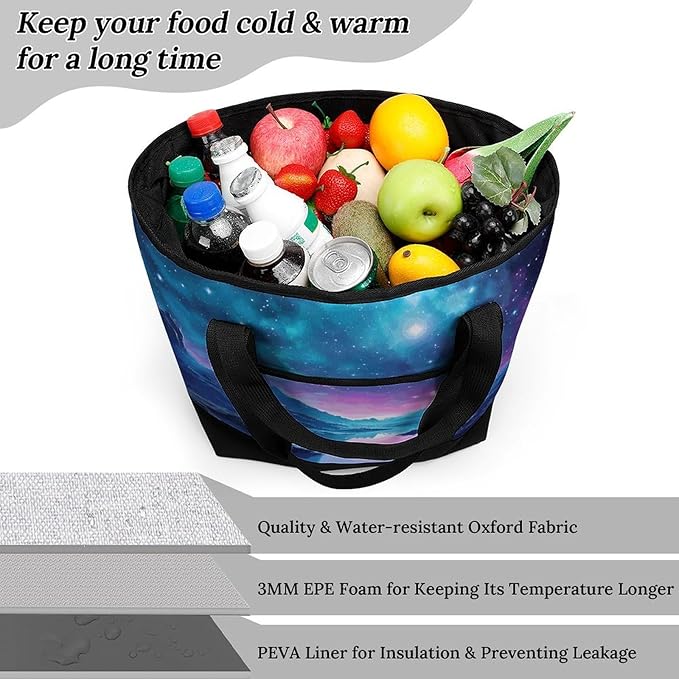 Insulated Shopping BagLarge Reusable Cooler Bags Cool Star River Printed Foldable Shopping BagTravel Waterproof Shoulder Bag