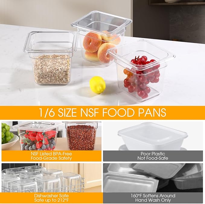 12-Pack 6'' Deep NSF Food Pans 1/6 Size | Commercial Food Storage Containers | Polycarbonate Plastic Pans for Restaurant | Commercial Grade for Food Prep | Clear | Dishwasher &amp Freezer Safe