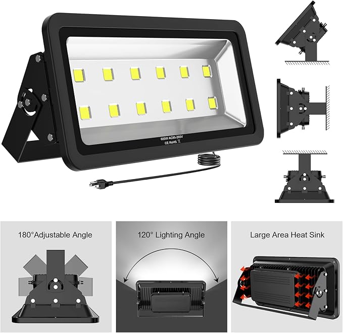 600W Outdoor LED Flood Light 60000LM Super Bright 110-285V IP66 Waterproof 6000K Daylight White Security LightsLighting for Playground Yard Stadium Lawn Ball Park