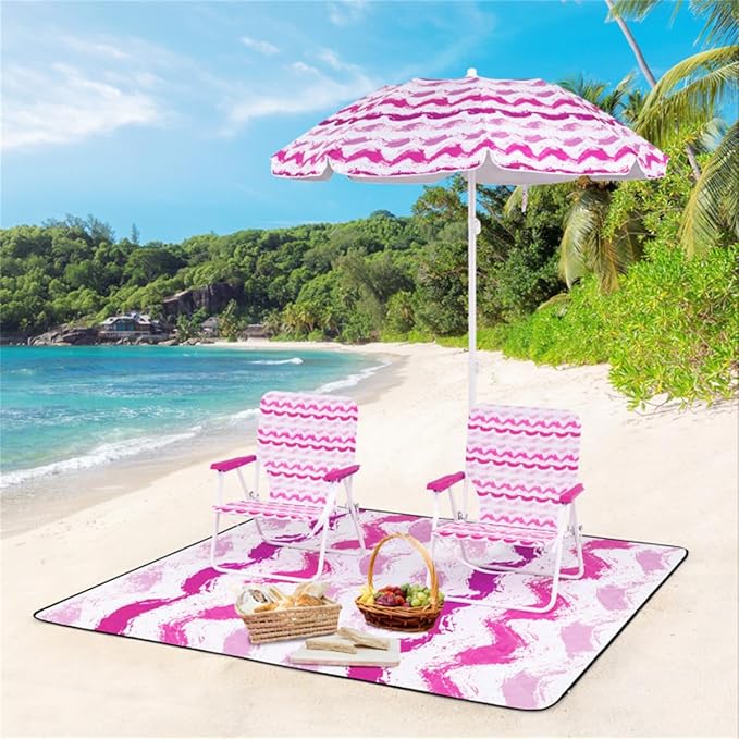 Portable 4 Pieces Beach Set with 6.2ft Sun-Proof Umbrella 2 Foldable Chairs and 80 x 80 Waterproof Blanket 30° Tilt System Umbrella with Sand Anchor &amp Carrying Bag for Picnic &amp Camping (Pi