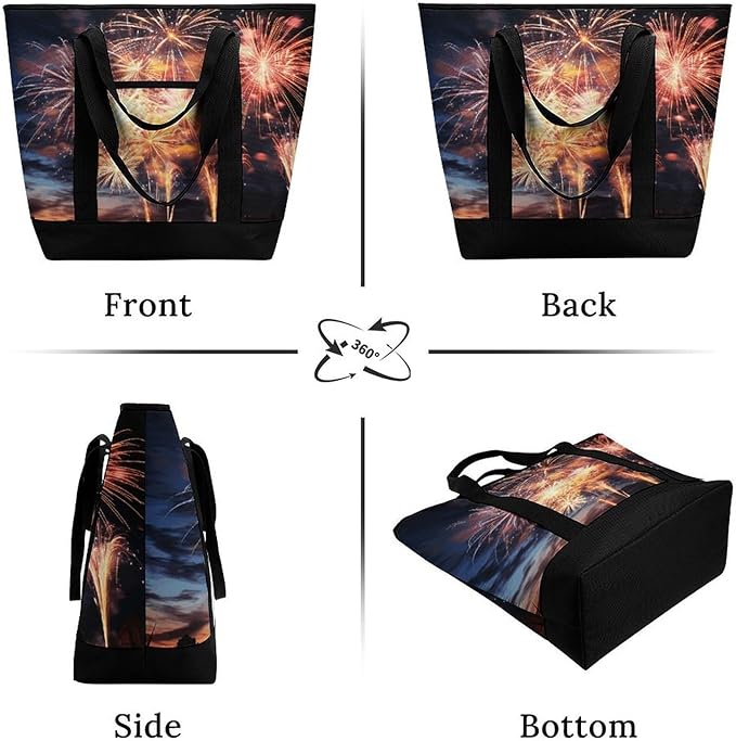 Insulated Shopping BagLarge Reusable Cooler Bags Beautiful Fireworks Printed Foldable Shopping BagTravel Waterproof Shoulder Bag