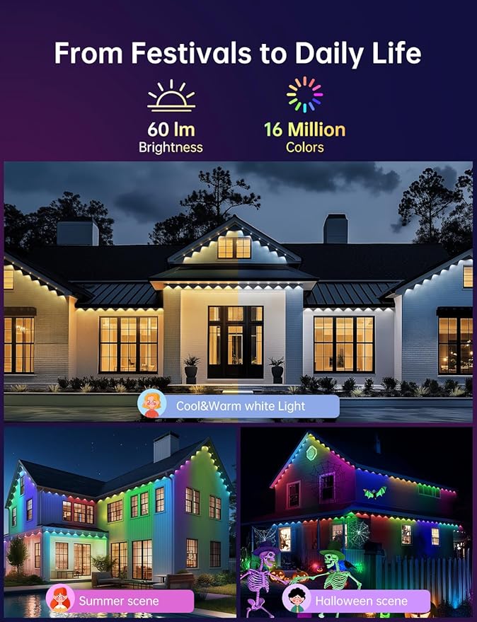 Permanent Outdoor Lights Pro 200ft with 100 LED Smart IC+RGBCW Christmas Halloween Eaves Lights for House Daily and Holiday Decor IP67 Waterproof with APP &amp Remote Control