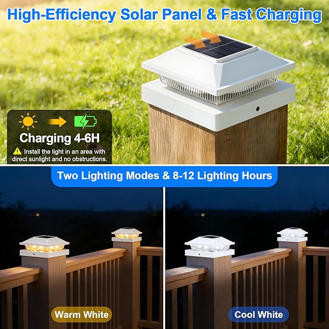 Brightever 4x4 Solar Post Cap Lights Outdoor 12-Pack Solar Fence Post Lights Fit Vinyl/Wood Posts 2 Modes(Warm/Cool White) Solar Powered Waterproof Deck Post Lights for Garden Patio Porch White
