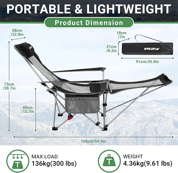 #WEJOY 2-in-1 Reclining Camping Chair Lightweight Folding Camping Chair with Adjustable Backrest &amp Footrest Camping Lounge Chair with Headrest Cup Holder Storage Bag for Beach Lawn Concert