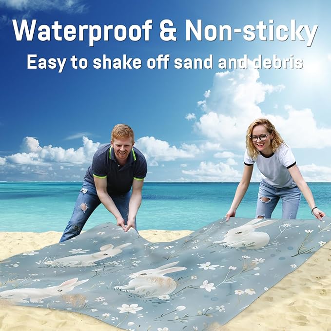 Waterproof Sandproof Beach Blanket 59''×68'' Garden Rabbit Polyester Outdoor Picnic Blanket with 4 Stakes &amp Storage Bag for BeachCampingVacation White
