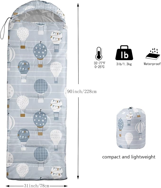 Kids Sleeping Bag for Boys GirlsHot Air Balloon-Lightweight Warm Portable Outdoor Indoor-Waterproof Cold Weather Resistant Sleeping Bag for Camping Hiking(Hot Air Balloon)
