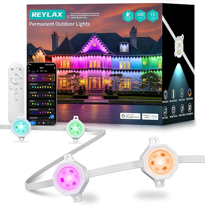 REYLAX Permanent Outdoor Lights Pro 100ft with 72 Triple-LED 135lm RGB+IC Smart Eaves Christmas Lights for House IP67 Waterproof Multi Scenes for Outdoor Decor Works with Alexa Google Remote