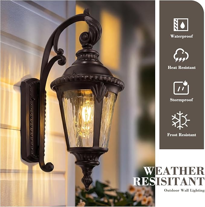 Emliviar 19.7 Outside Wall Sconce Porch Light with Oil Rubbed Bronze Finish Water Ripple Glass Front Door Wall Lighting for Yard XE265B-S ORB-SW