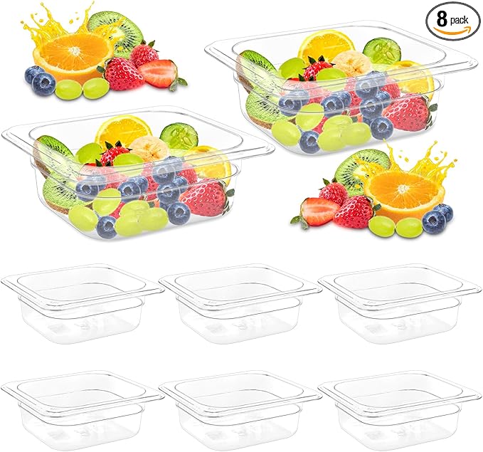 8-Pack 1/6 Size Polycarbonate Food Pans - 2.5 Deep Clear Commercial Hotel Pans for Prep Tables &amp Buffet - Shatterproof Stackable Cold Food Storage Containers (6.9 x 6.4)