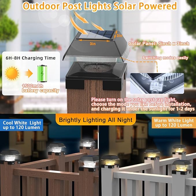 Solar Post Cap Lights Outdoor Deck Fence Post Lights wtih 120 Lumen Warm Light &amp Cool Light 3.5in-5.5in Adjustable Base Fit 4x4 5x5 Wood Post &amp 4x4 Vinyl/Metal Post for Patio Porch Backy