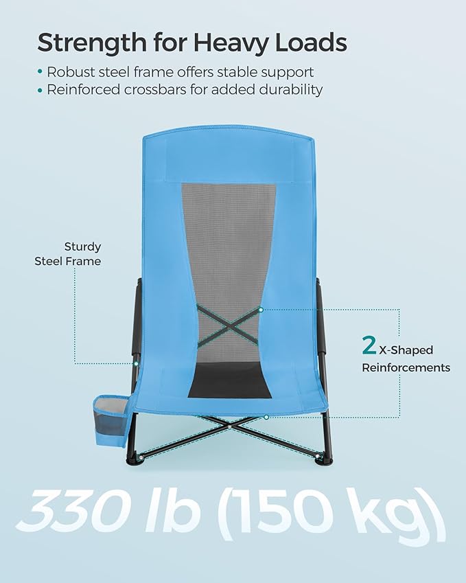 SONGMICS Set of 2 Portable Beach Chairs for Adults Max. Load 330 lb Each High Backrest Cup Holder Lightweight Heavy-Duty Light Blue UGCB067Q01V1