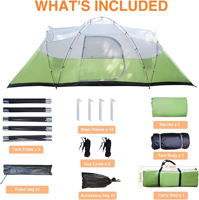 8-10 Person Family Camping Tent with Porch Easy Setup for Outdoor Camping Picnic Backyard