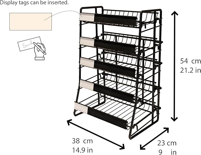 Candy Display Rack Black Snack Rack 5 Tier Metal Snack Organizer for Counter Retail Display Shelf for Store Concession Kitchen