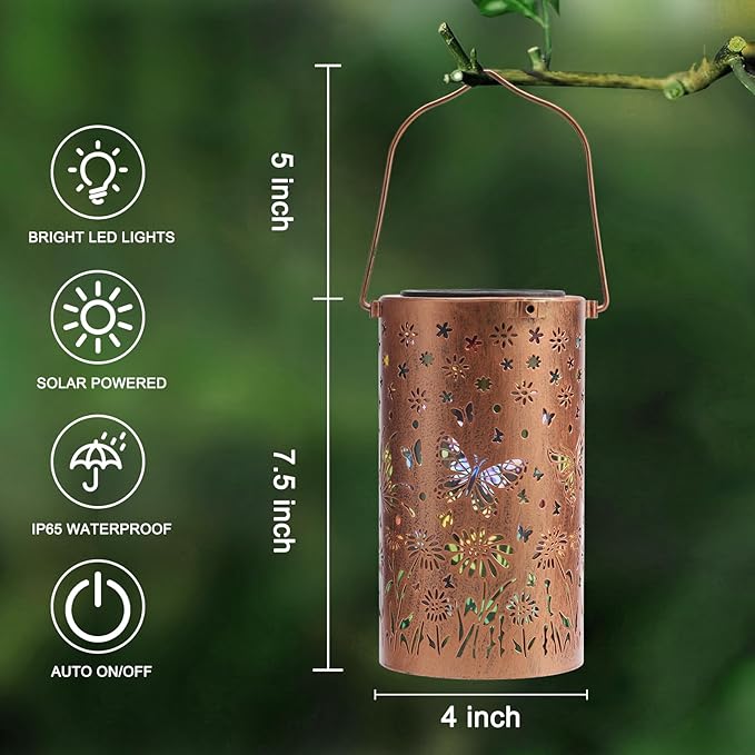 Colorful Butterfly Solar Lanterns Outdoor Waterproof Garden Decor Gifts for Women Mom Grandma Hanging Solar Lights Metal Garden Decoration Outside for Yard Patio Backyard Porch for Gift
