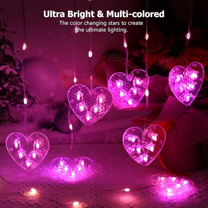 Heart Curtain Lights Battery Operated Valentines Day Decor 10ft x 3.3ft Warm White &amp Multicolor Twinkle Fairy String Lights Curtain Timer &amp IR Remote for Indoor Outdoor Christmas Decor