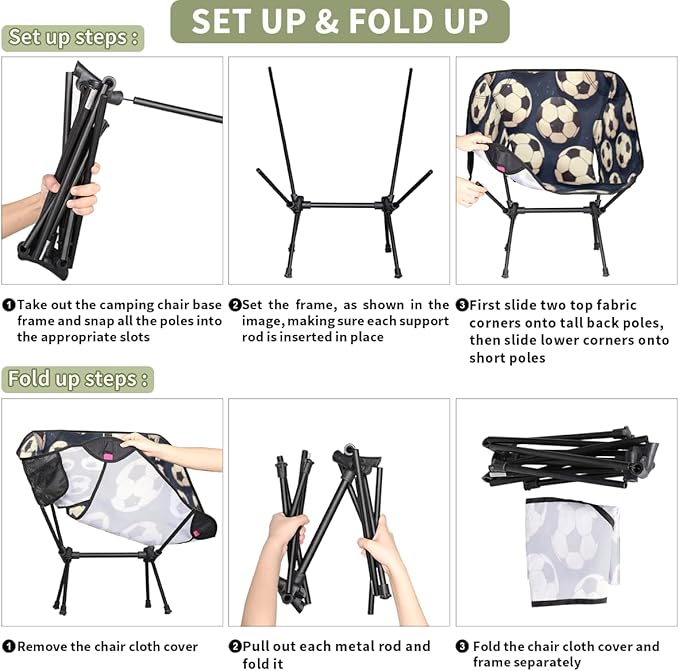 Sports Soccer Navy Camping Chair Folding Backpacking Chair Portable Lightweight Outdoor Chairs with Side Pockets for Hiking Beach Picnic