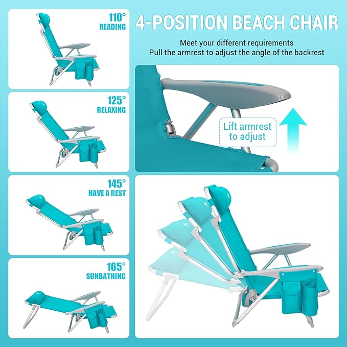 #WEJOY Beach Chair for Adults Reclining Adjustable PositionLay Flat Lightweight Folding Portable Aluminum Chair with Backpack StrapsPadded headrest Heavy Duty 400 lbs Lawn Chair for Beach 2 Pack