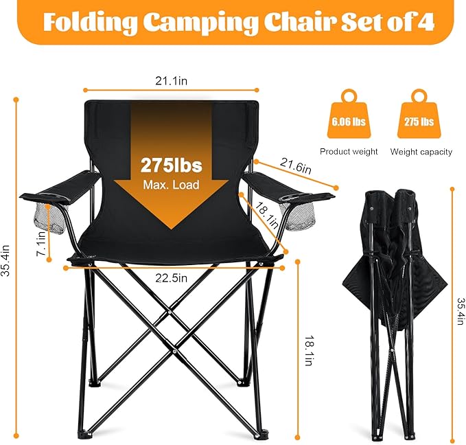 HaSteeL Camping Chairs 4 Pack Oversized Folding Chair with Cup Holders for Adults Portable Chair &amp Carry Bag for Outdoor Backyard Beach Lawn Patio Picnic Fishing Oxford Fabric &amp Heavy