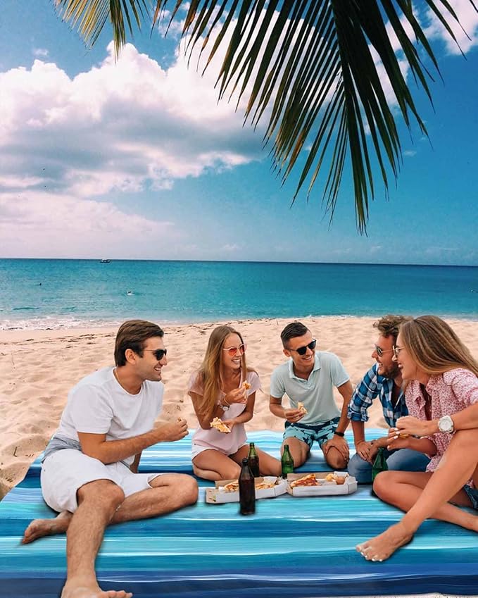 Beach Blanket Waterproof Sandproof Picnic Blanket 83x79 Foldable Beach Mat with Blue-green Stripes Ocean Beach Watercolor Pattern for Camping Park Grass Beach Travel