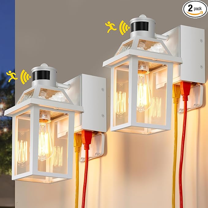 Yisuro Porch Lights with GFCI Outlet Dusk to Dawn Motion Sensor Outdoor Light 3 Lighting Modes Exterior Fixture Outside for House Front Door Patio Garage(2 Pack White)