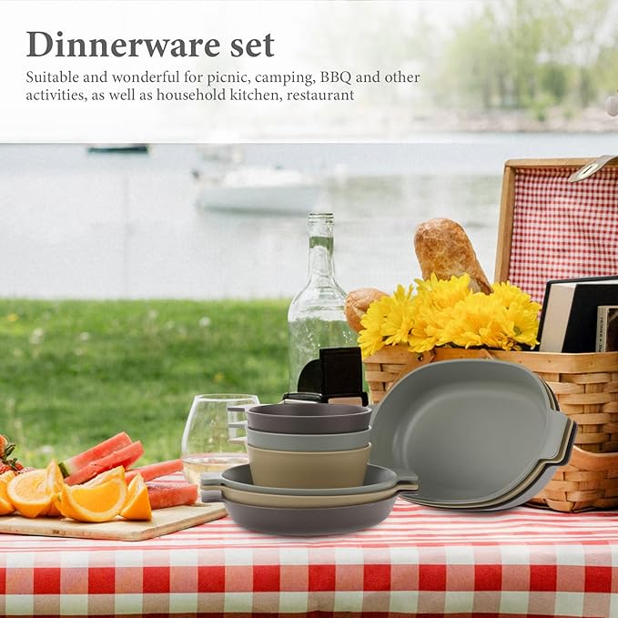 POPETPOP Portable Plastic Dinnerware Set 3 Small Plates 3 Oval Plates 3 Single-Handle Bowls Lightweight Reusable Camping Bowl for Outdoor Hiking and Picnic Use