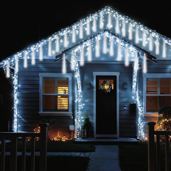 2 Pack Christmas Lights Outdoor Expandable Meteor Shower Lights with Timer Waterproof Falling Rain Light with 16 Tubes 384 LED Plug in Suitable for Garden House Xmas Tree Decorations (Cool White)